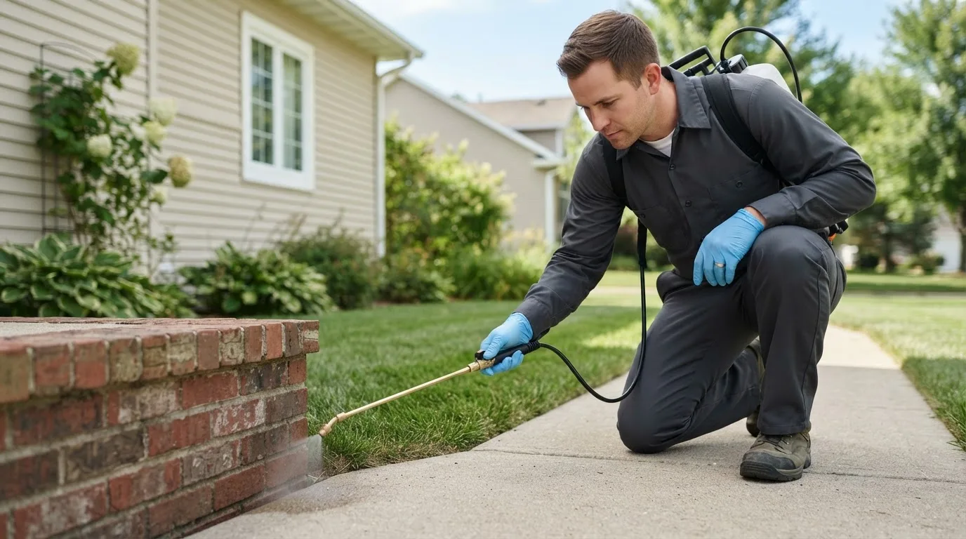 Pest control technician treating a home near Deford, MI