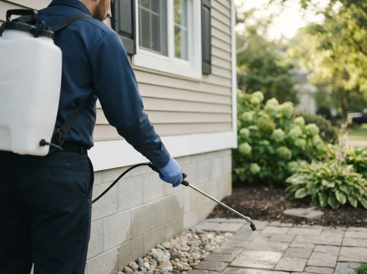 Pest control technician inspecting a home in Deford, MI